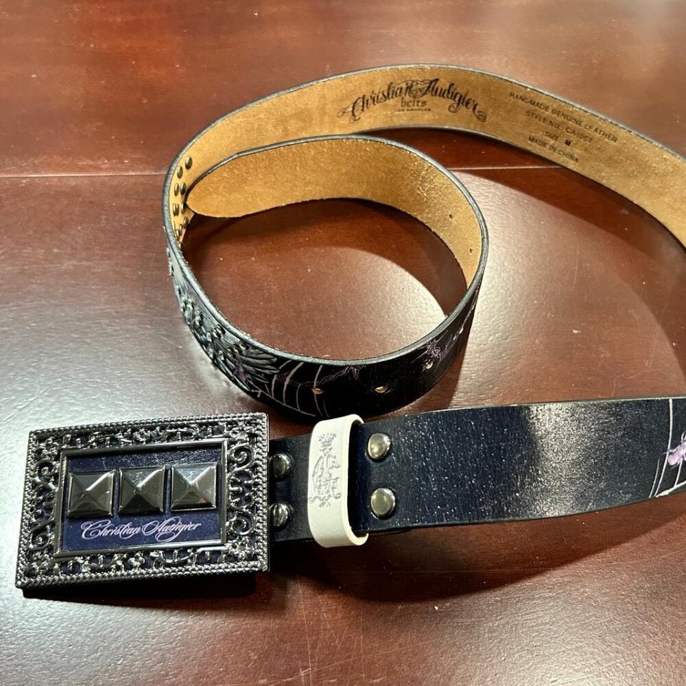 Christian Audigier Vintage Handmade Genuine Leather Belt (Skull/Crystal Effect)